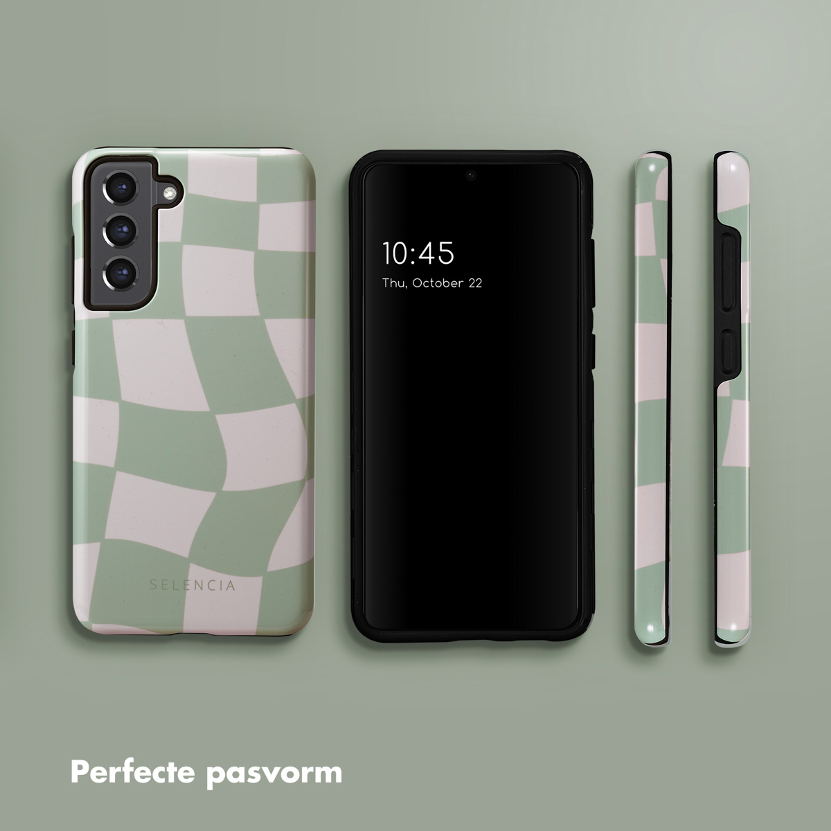 Tre telefoni: uno con custodia verde e bianca, uno nero e due lati abbinati.