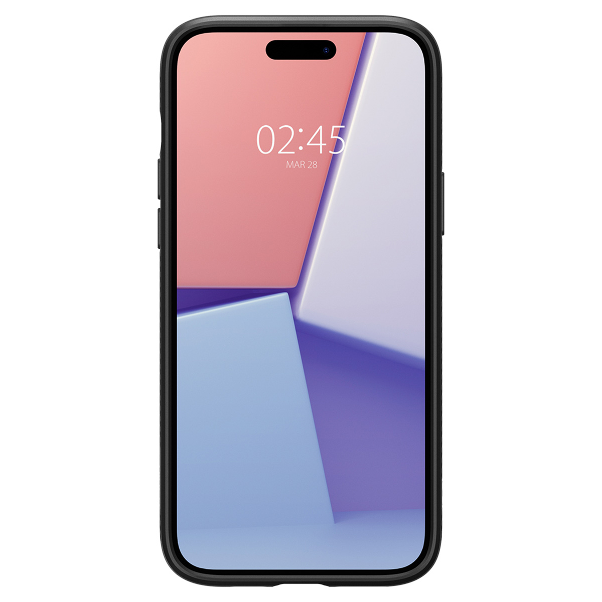 Custodia nera con telefono. Schermo che mostra orologio e design astratto in rosa, bianco e blu.