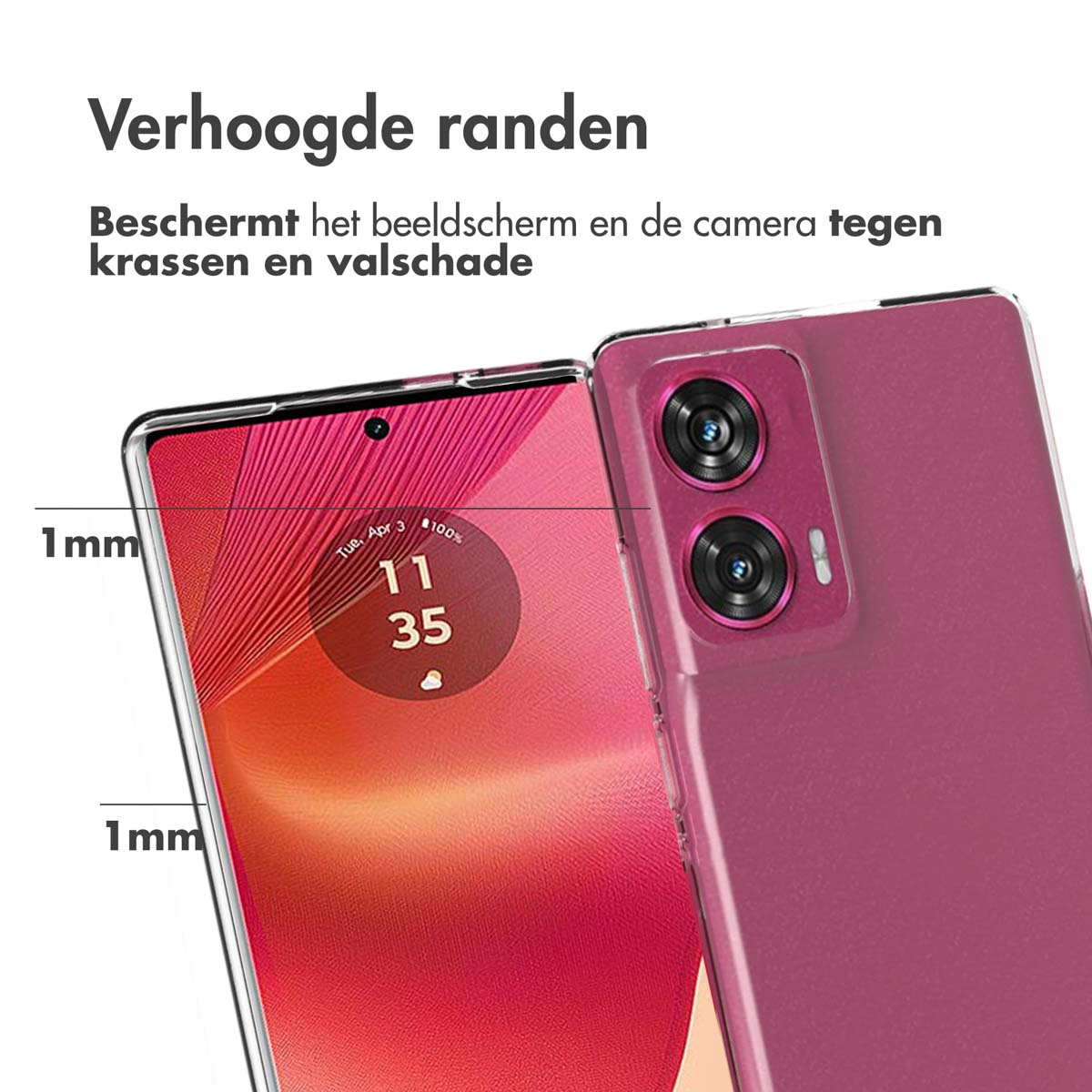 Un telefono con una custodia trasparente per proteggere lo schermo e la fotocamera. Lo schermo mostra l'ora e la data.