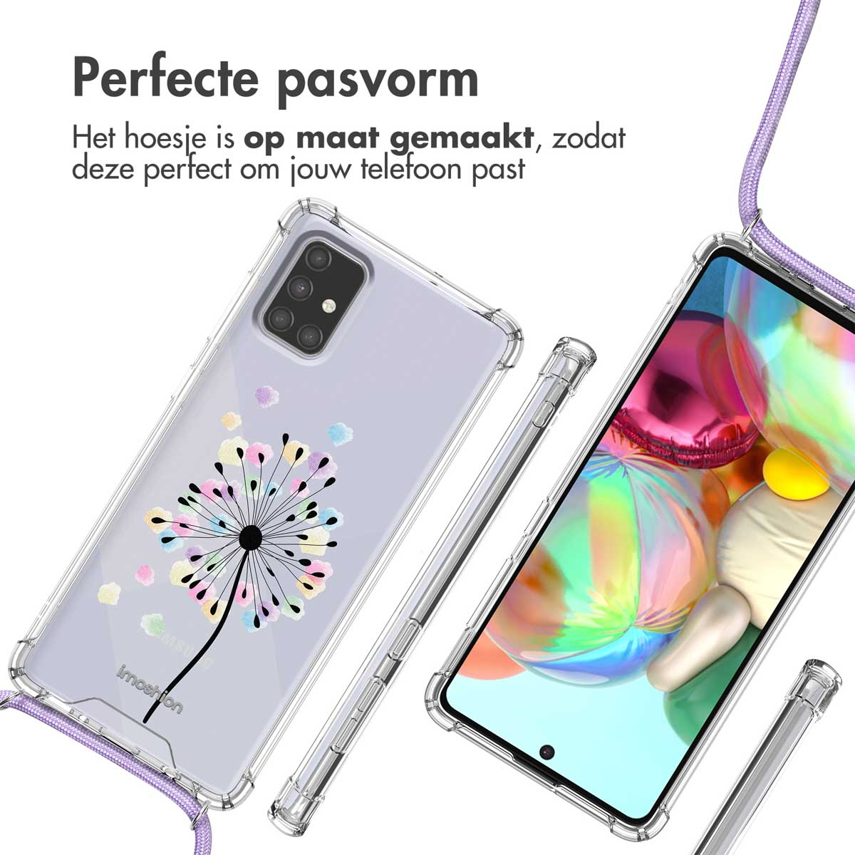 Coque de téléphone transparente avec un motif floral de pissenlit. L'étui a une sangle. Le téléphone est à l'intérieur.