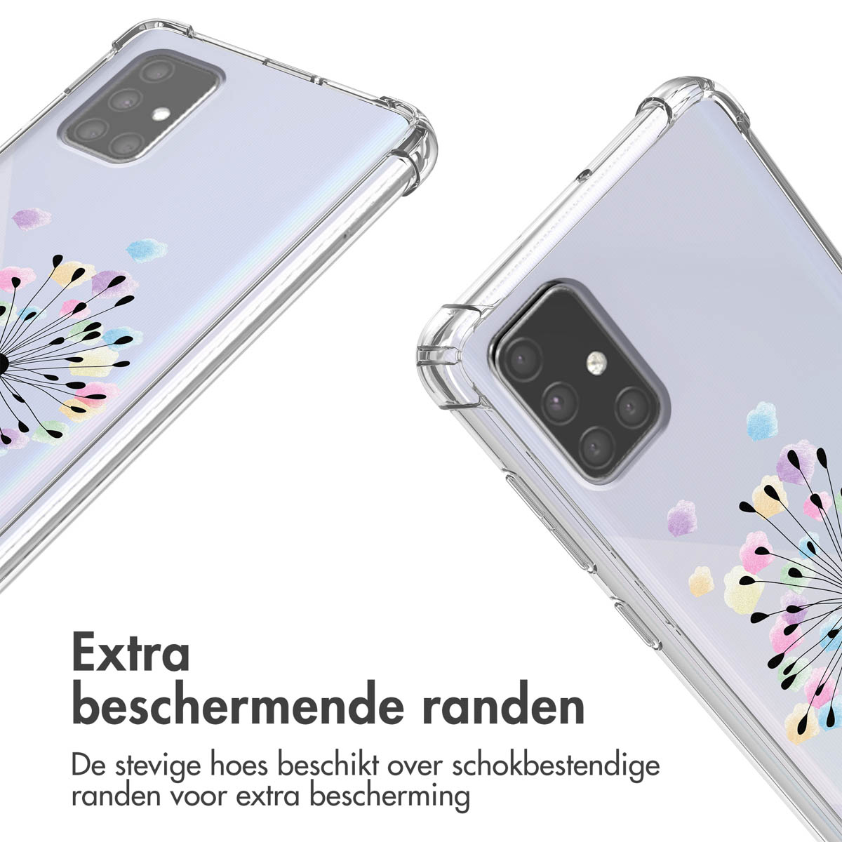 Coque de téléphone transparente avec un motif de pissenlit et des bords de protection supplémentaires. La coque est sur une surface blanche.