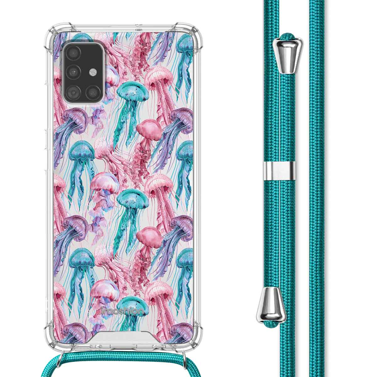 Custodia trasparente per telefono con motivo a meduse e cinturino. Le meduse sono rosa, blu e verde acqua.