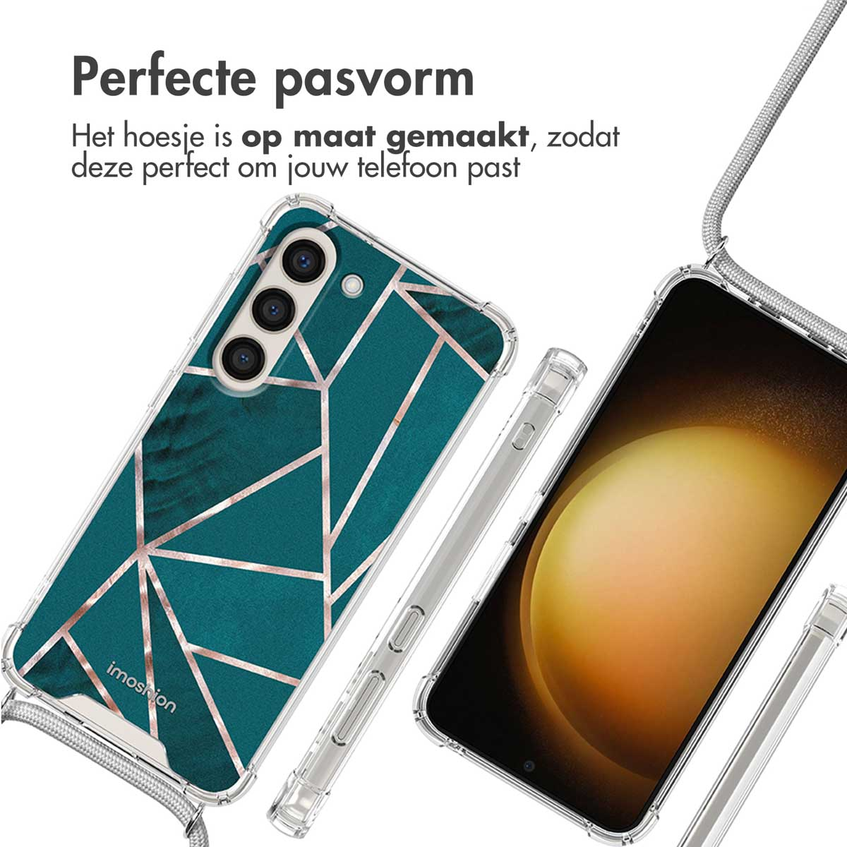 Een telefoon met een groen en gouden hoesje. De hoes wordt getoond met een riem.
