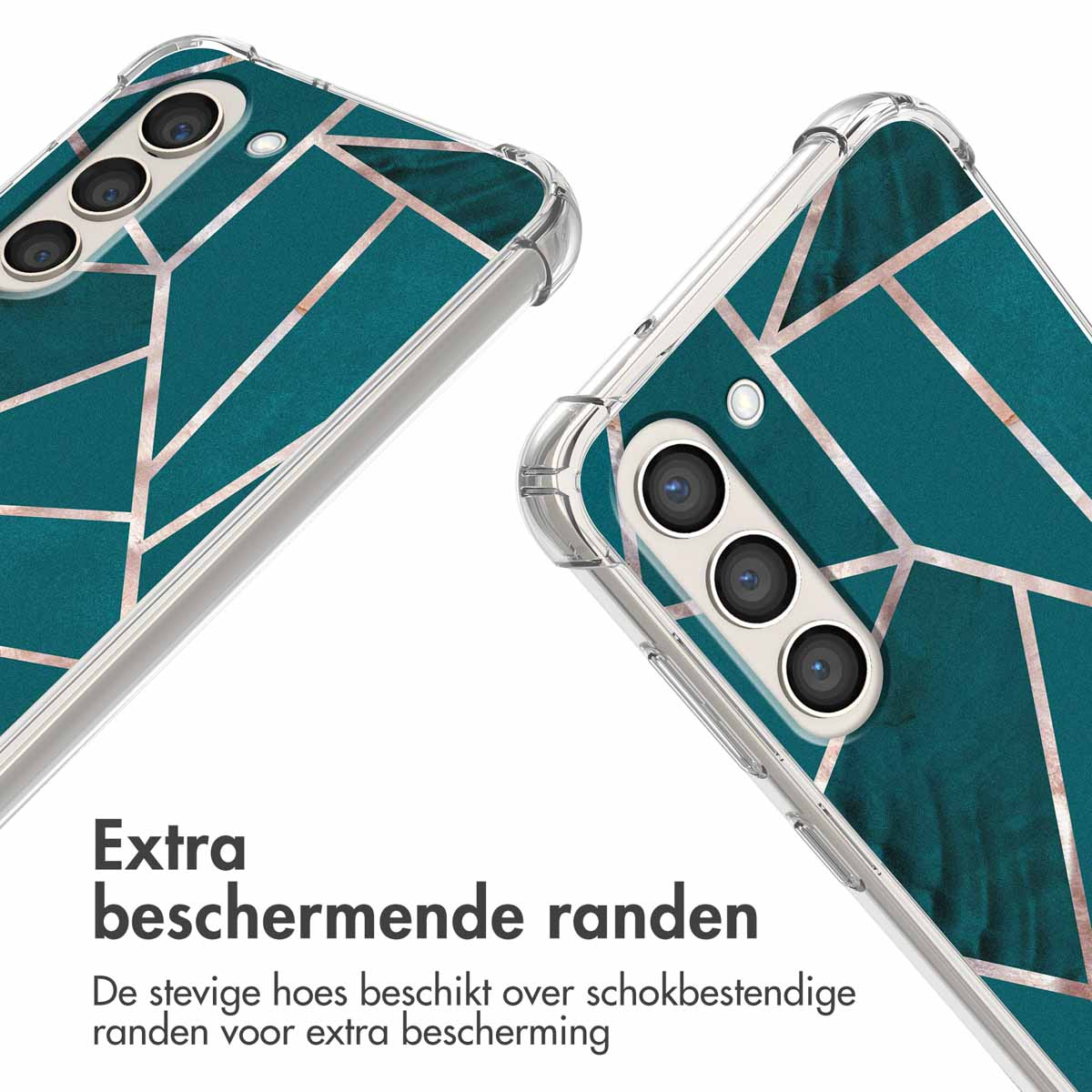 Teal telefoonhoes met telefoon erin, achterkant laten zien. Tekst zegt 'Extra beschermende randen'.