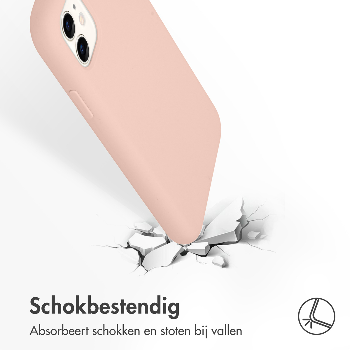 Roze telefoonhoes met telefoon die op een oppervlak valt en het kraakt.