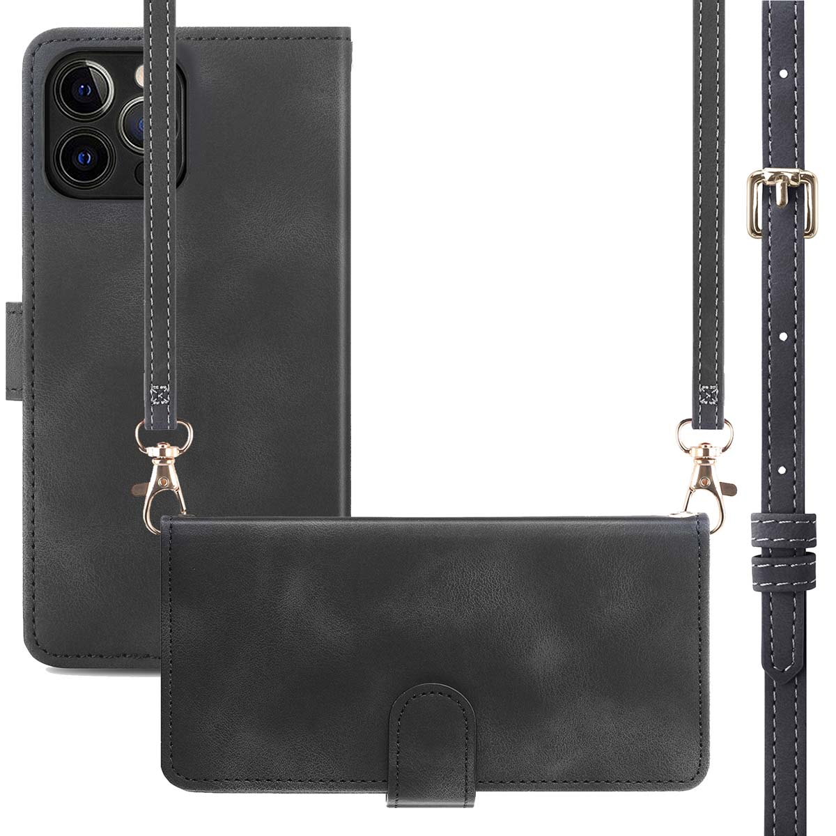 Een zwart telefoonhoesje met een riem. Twee kanten van de hoes en de riem worden getoond.