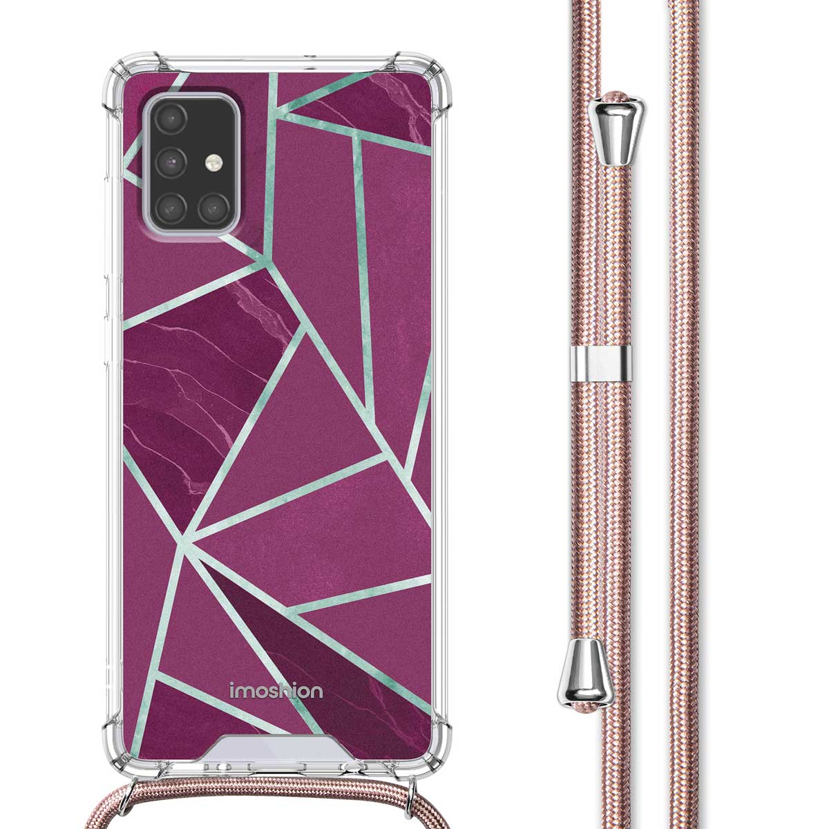Custodia per telefono viola con un design geometrico, collegata a un cinturino in oro rosa.