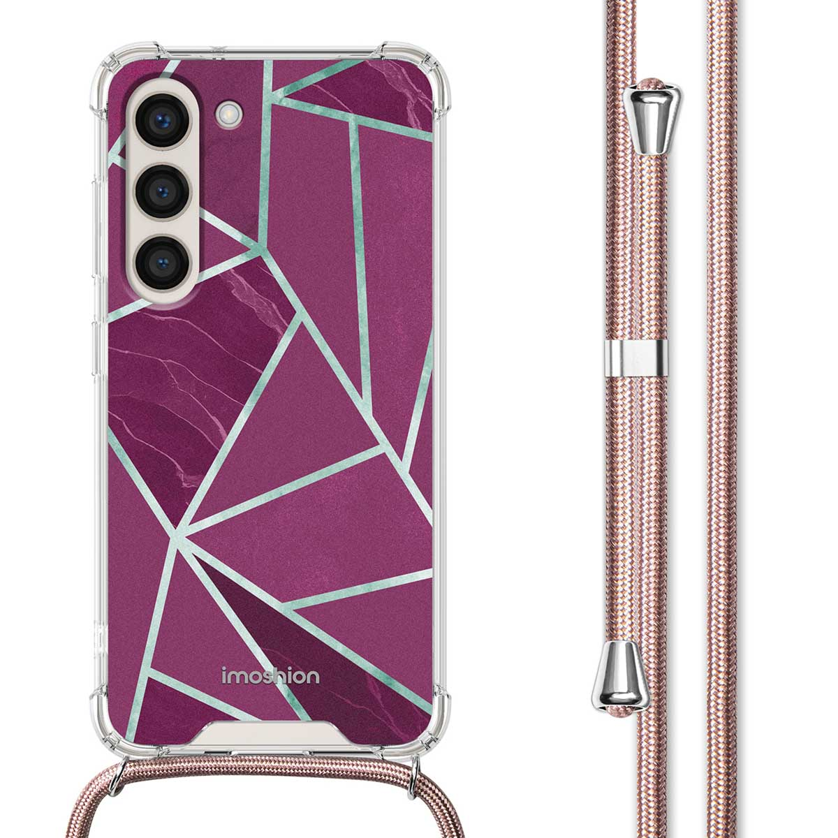 Paarse telefoonhoes met geometrisch design en bijpassende roze band.