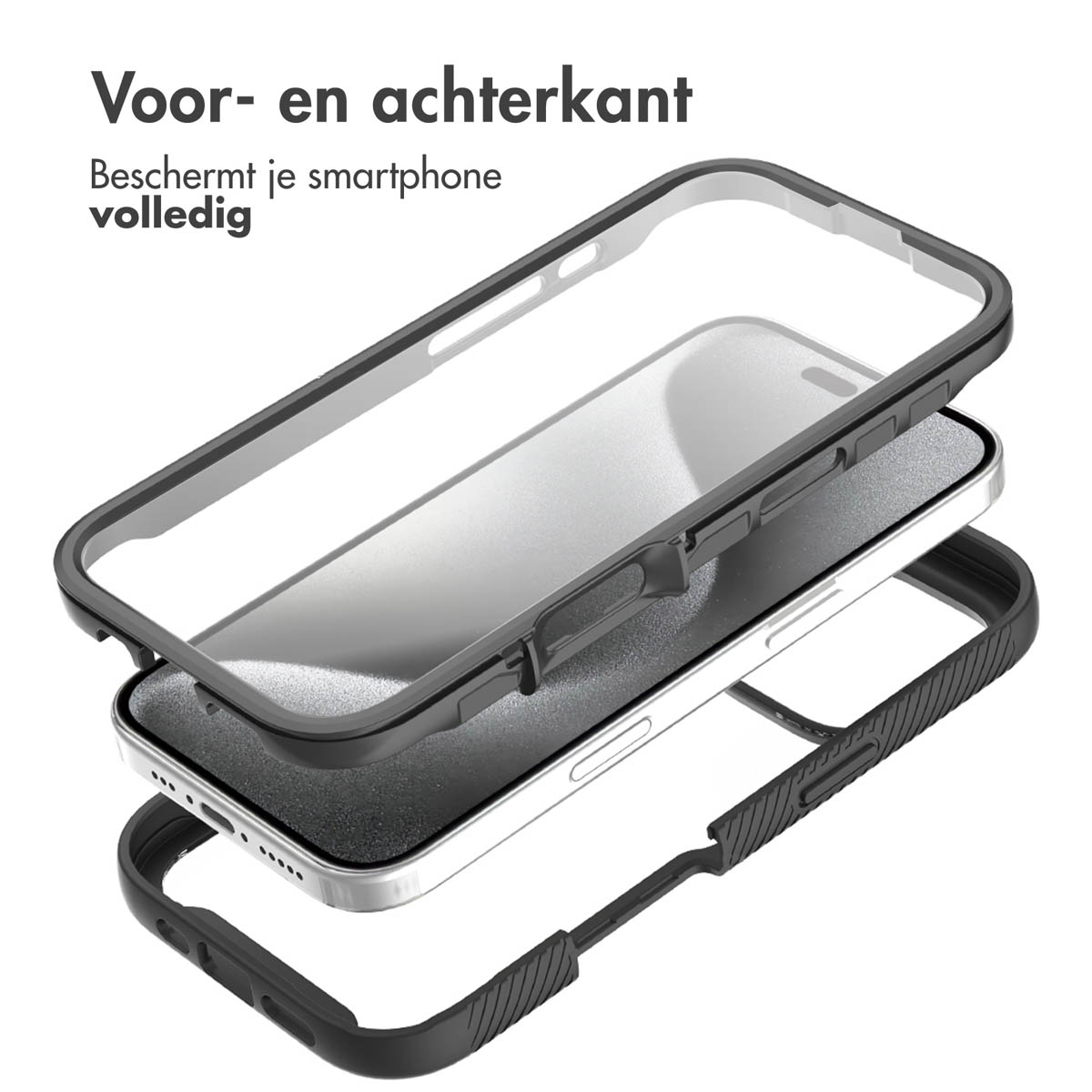 Exploded view van een telefoonhoesje. Het toont de beschermingslagen van een telefoon.