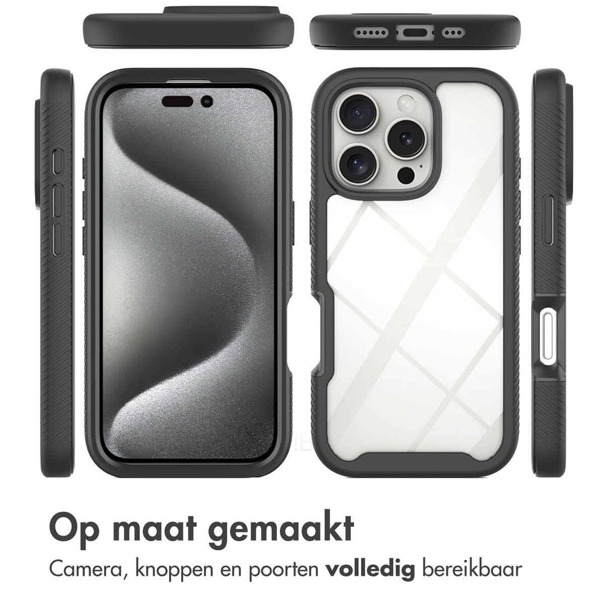 Telefoonhoesje met een telefoon erin. De hoes heeft een zwart frame en een doorzichtige achterkant. Toont de randen van de telefoon.