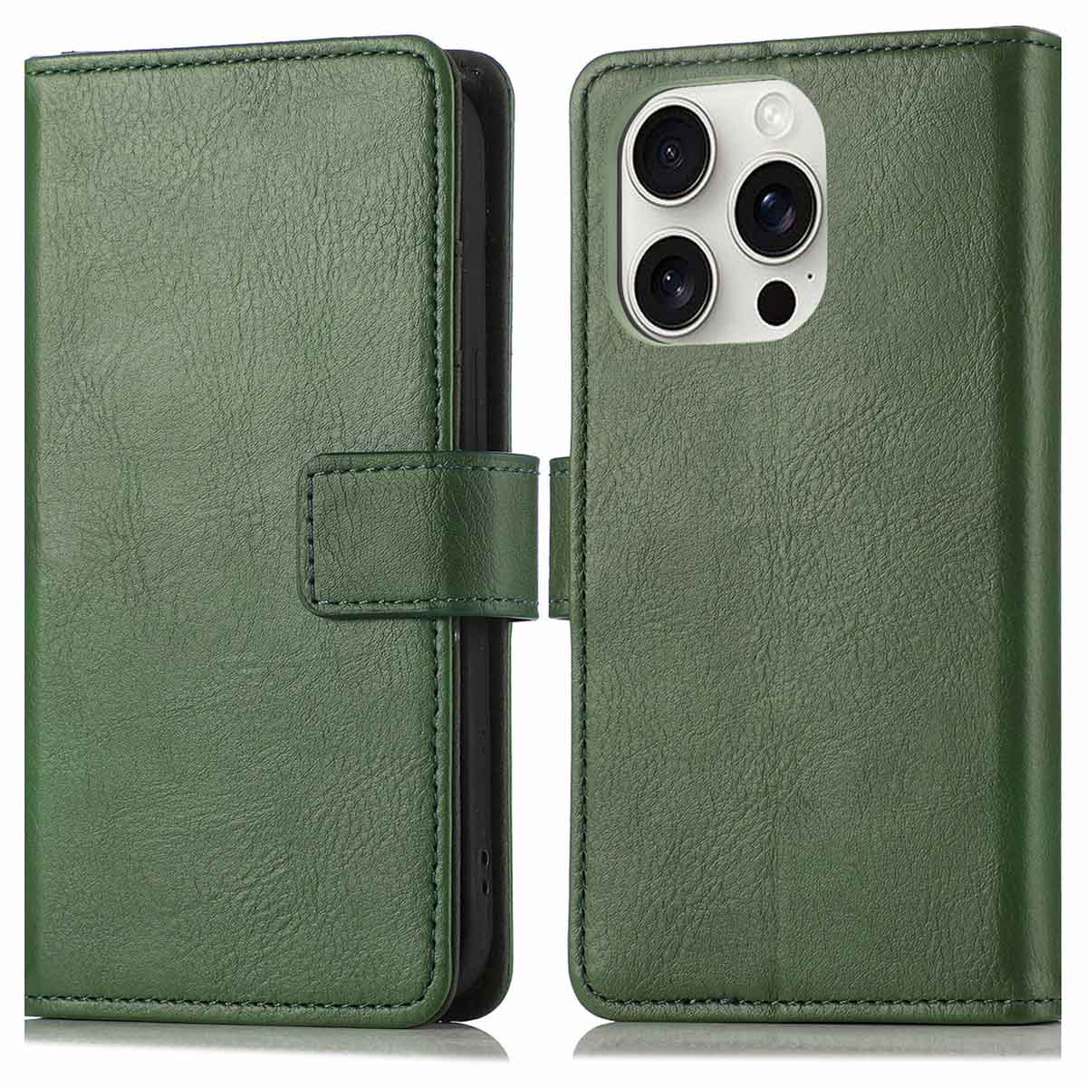 Groene leren telefoonhoes, open en dicht, met een telefoon erin.
