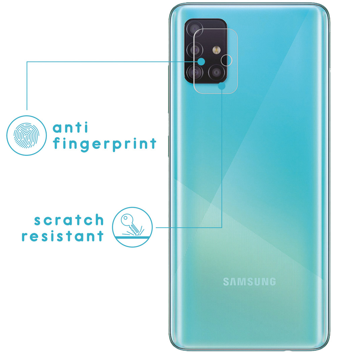 Blauwe telefoon met een schermbeschermer. Beschermer heeft anti-vingerafdruk en krasbestendige labels.