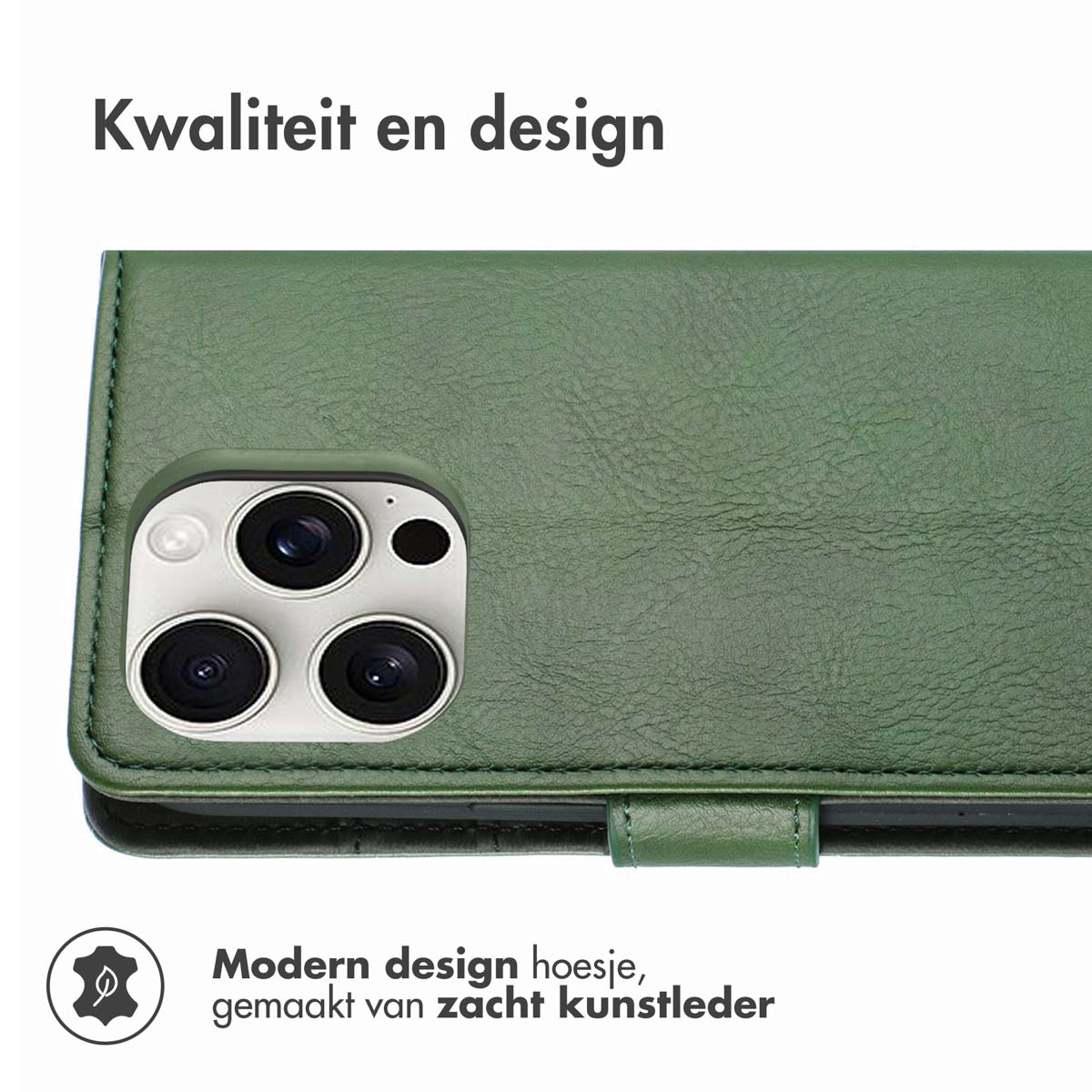 Een groene telefoonhoes met een telefoon erin. De telefoon heeft een modern design, met zacht imitatieleer.