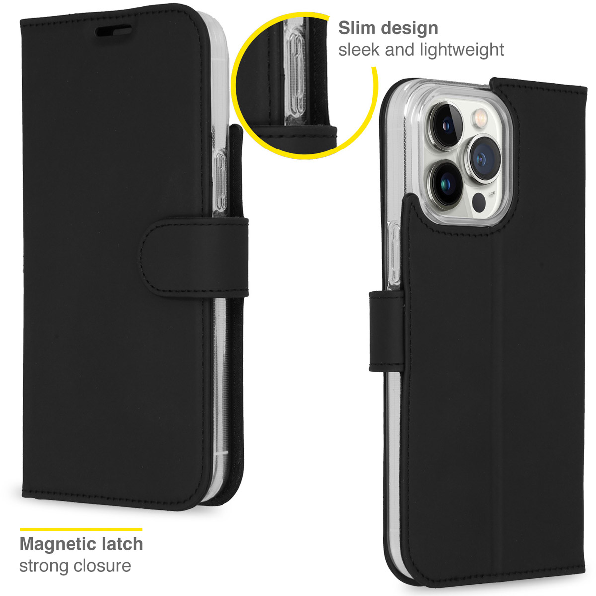 Zwarte telefoonhoes met magnetische sluiting. Toont de hoes open en dicht, en demonstreert het slanke ontwerp.