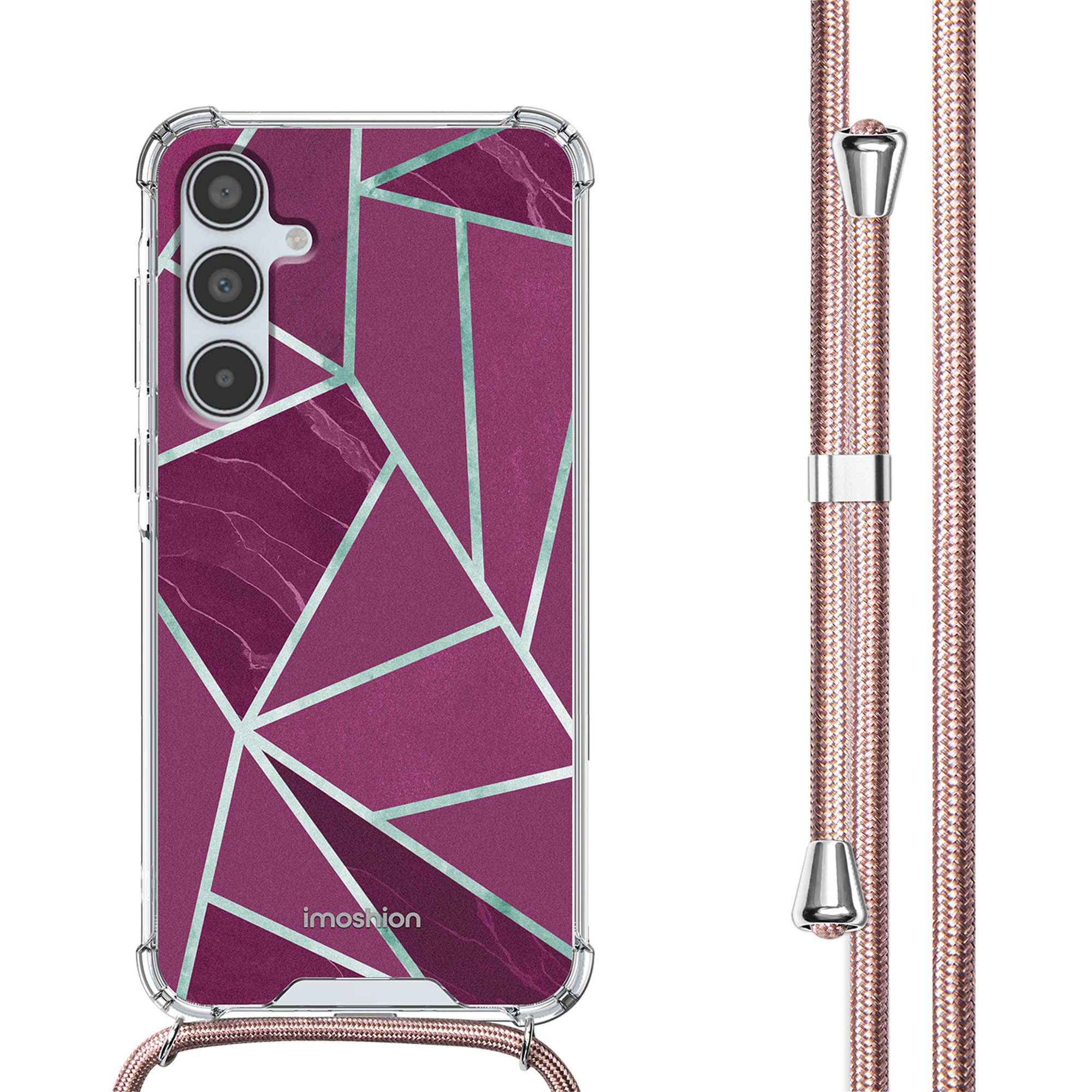 Coque de téléphone transparente avec motif géométrique et cordon rose. La coque a un motif rose et violet.