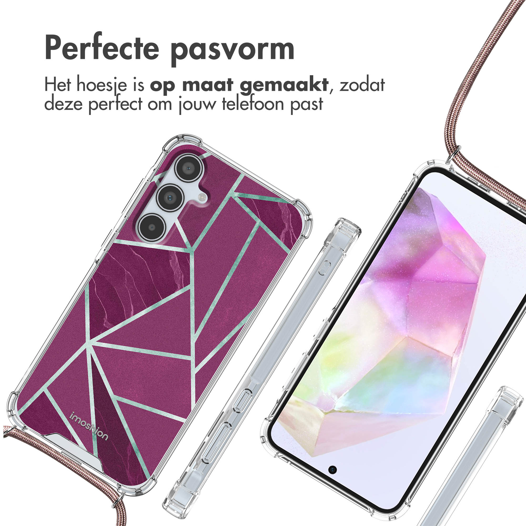 Coque de téléphone avec un design géométrique violet. Le téléphone est dans la coque. La coque a un cadre transparent avec une sangle.