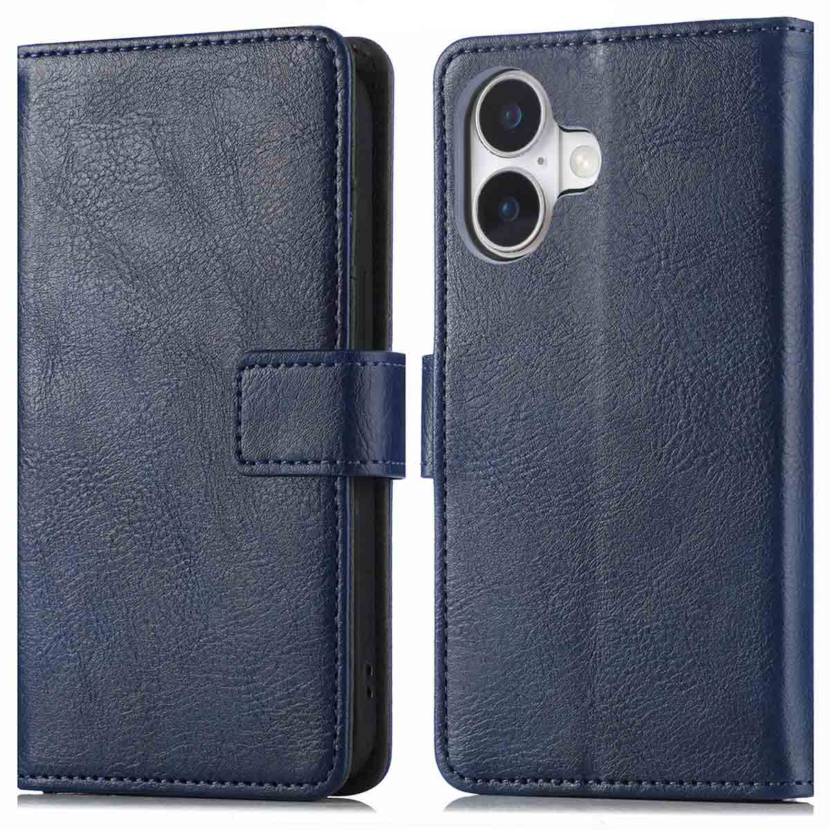 Étui de téléphone bleu foncé, fermé. Un téléphone avec deux caméras est visible sur le côté droit.