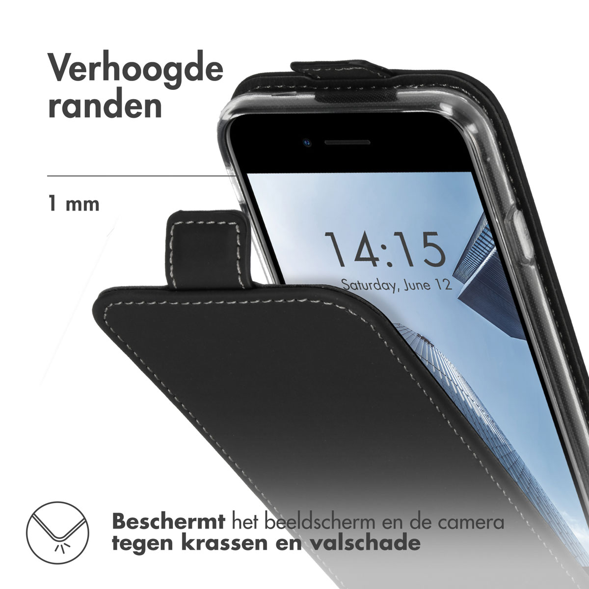 Coque de téléphone noire avec téléphone à l'intérieur et affichant l'heure. La coque a des bords surélevés.