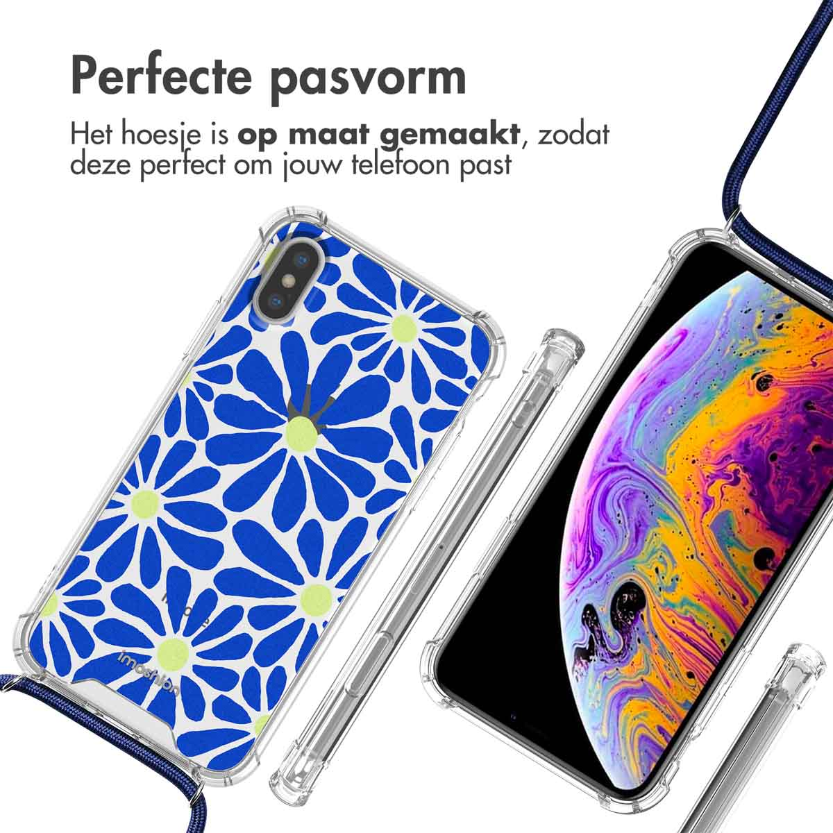 Twee telefoonhoesjes met een blauw bloemenpatroon, met een koord. De telefoon zit in de hoes, en toont het scherm.