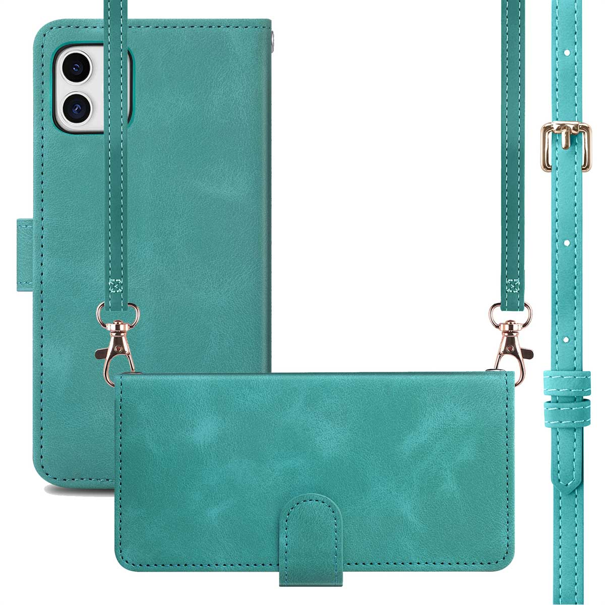 Blauwgroene telefoonhoes met een bandje, twee delen. Eén deel is voor de telefoon, de andere is leeg.