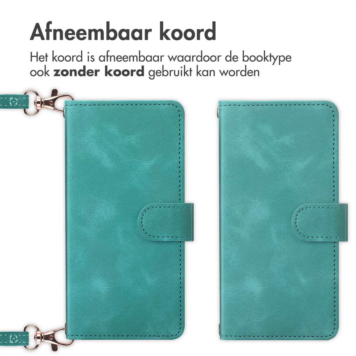 Coque de téléphone sarcelle avec cordon détachable, ouverte et fermée.