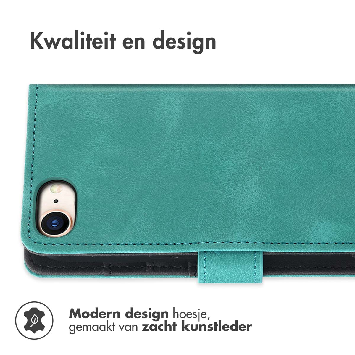 Étui de téléphone en cuir sarcelle avec téléphone à l'intérieur, montrant le design et la fermeture magnétique.