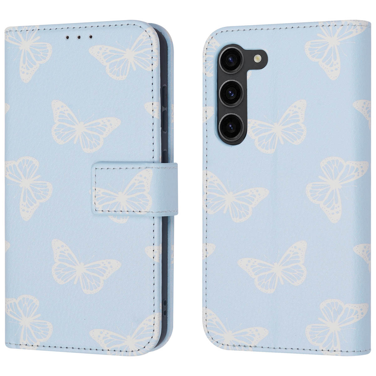 Light blue phone wallet case with white butterfly pattern. The case is open.