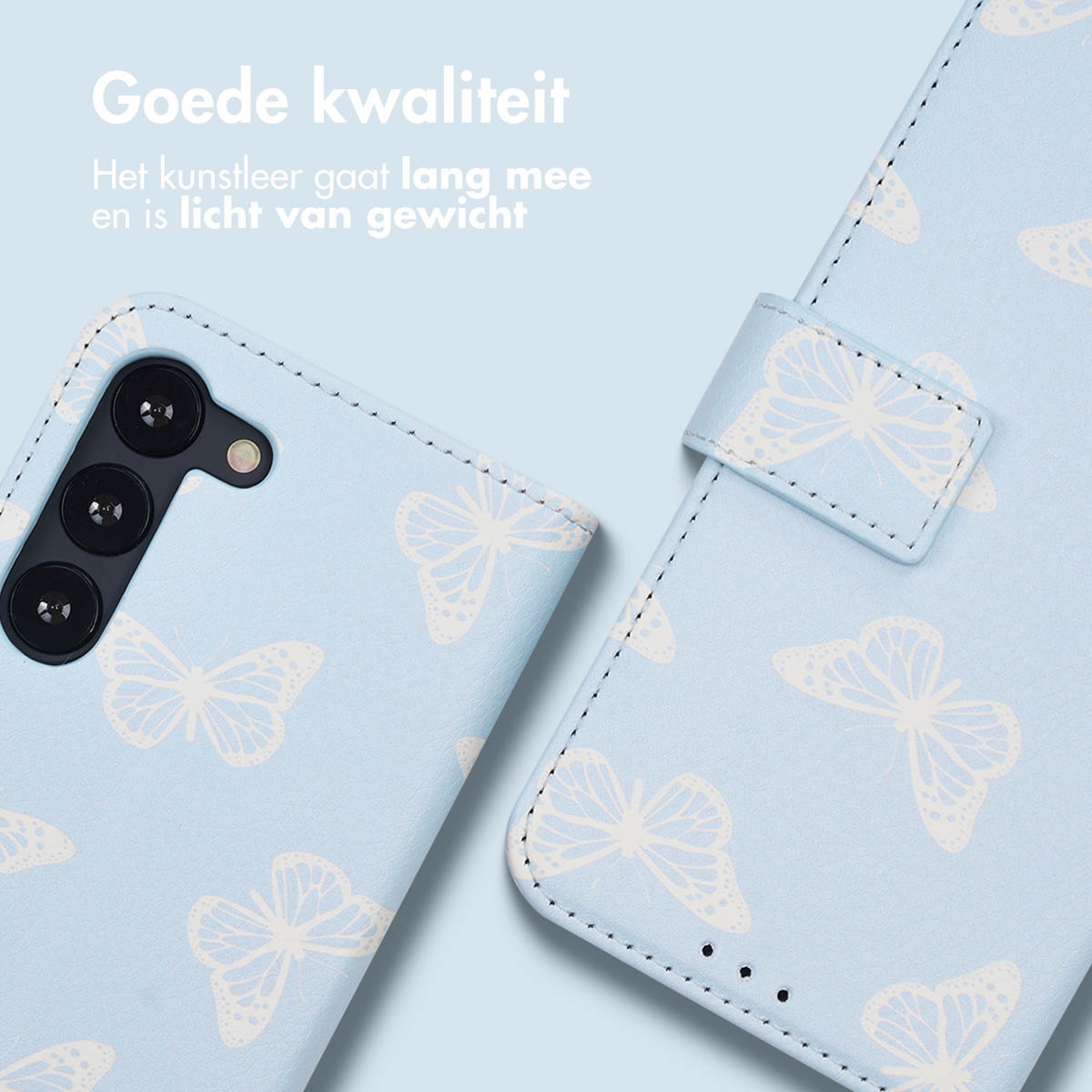 Close-up of a light blue phone case with white butterfly pattern. Showing good quality.