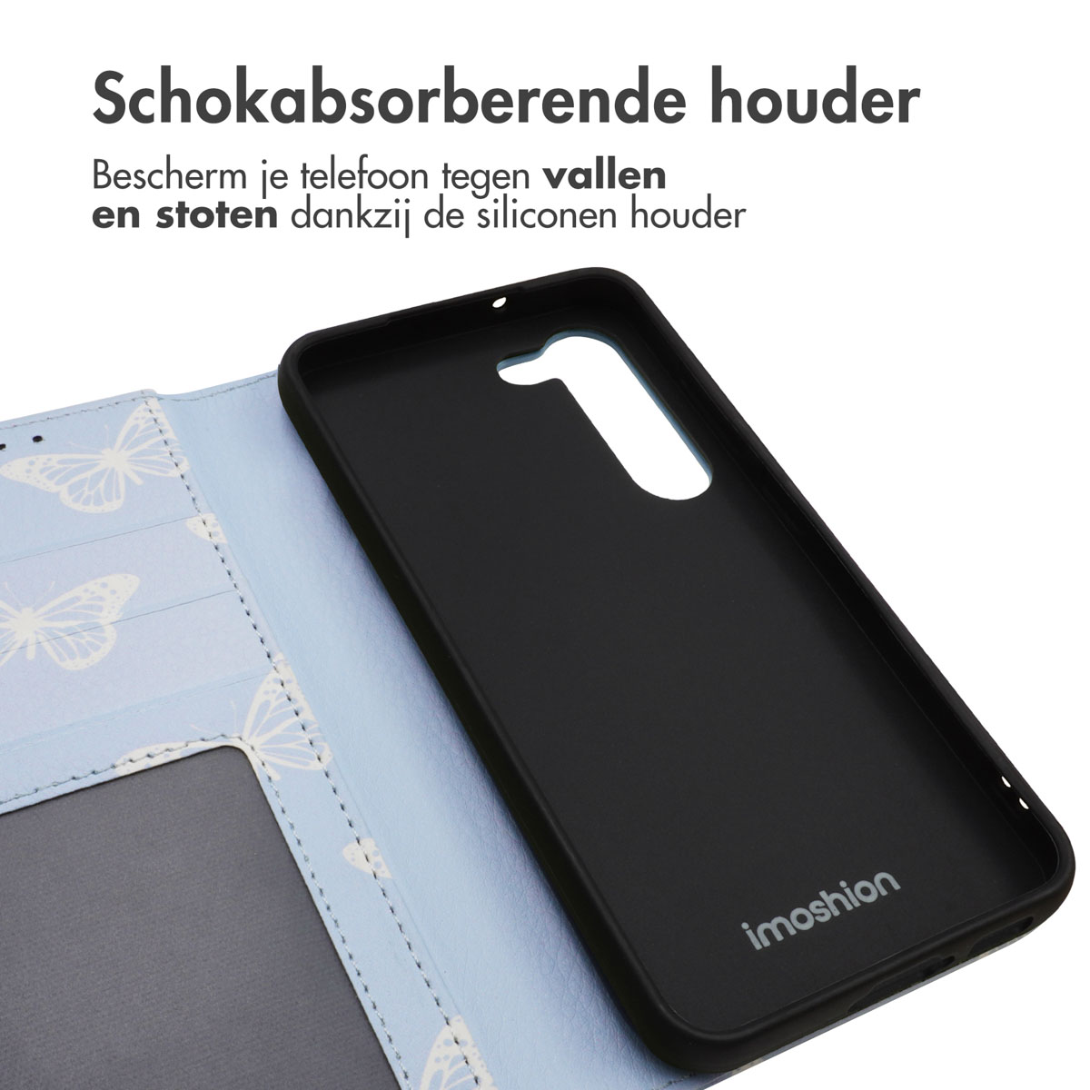 Phone case with blue butterfly pattern and black phone holder. Shows shock absorbing holder.