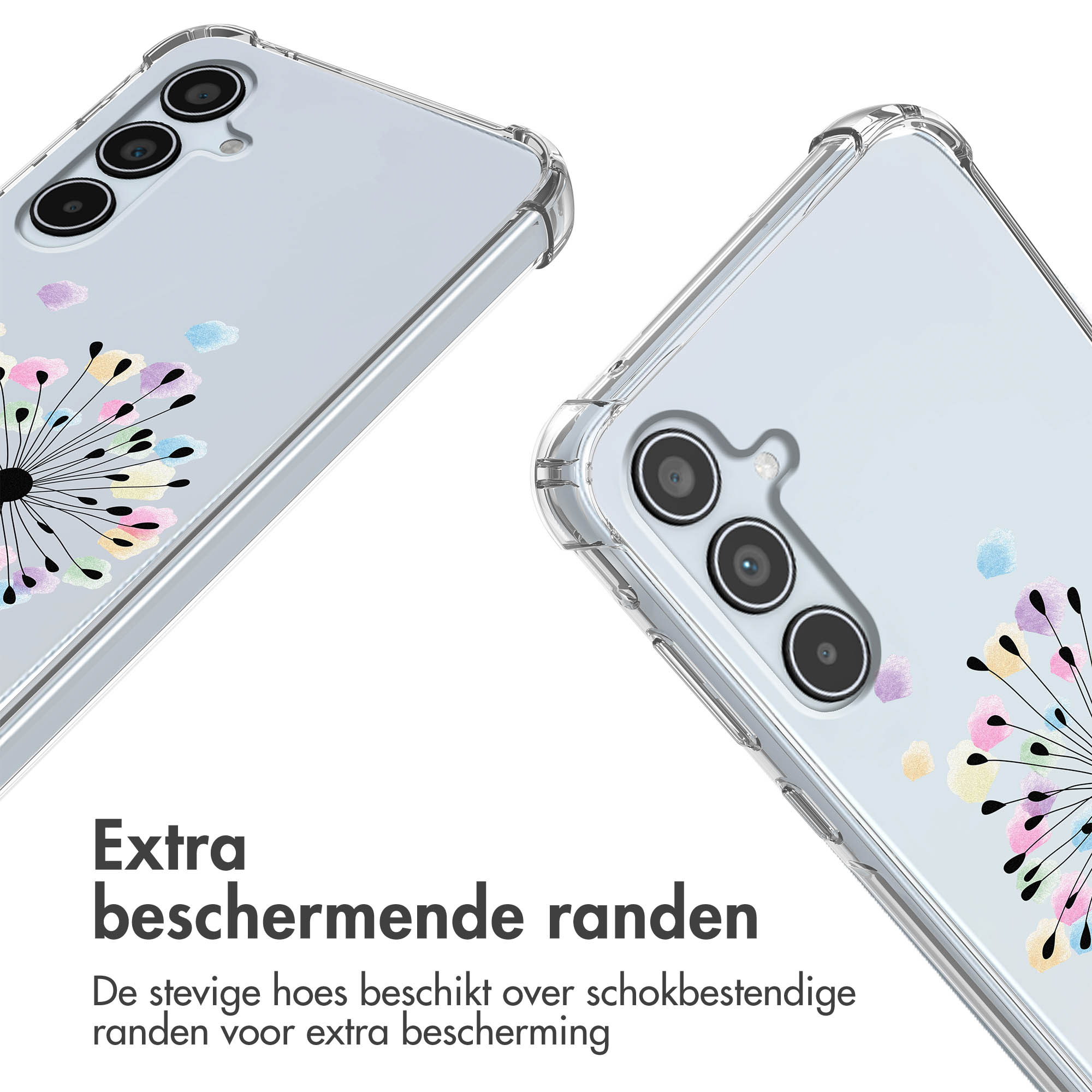 Deux coques de téléphone, transparentes avec motif floral. Texte: Extra beschermende randen. Les coques ont des bords protecteurs.