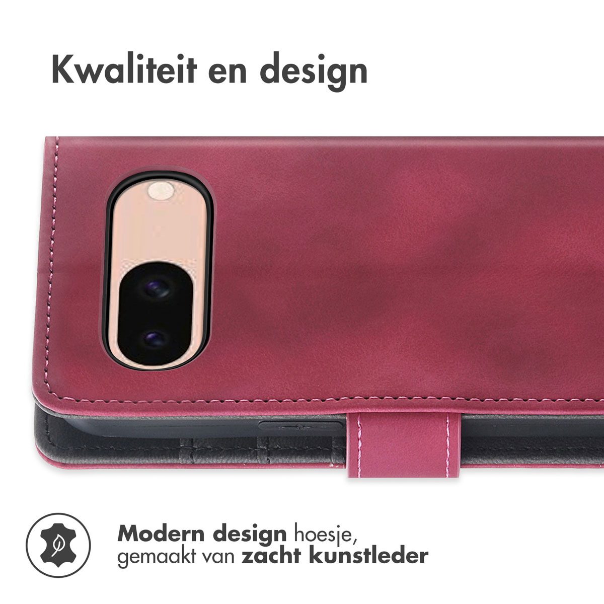 Étui de téléphone rouge avec triple caméra. Le texte dit 'Design moderne, en cuir artificiel souple'.
