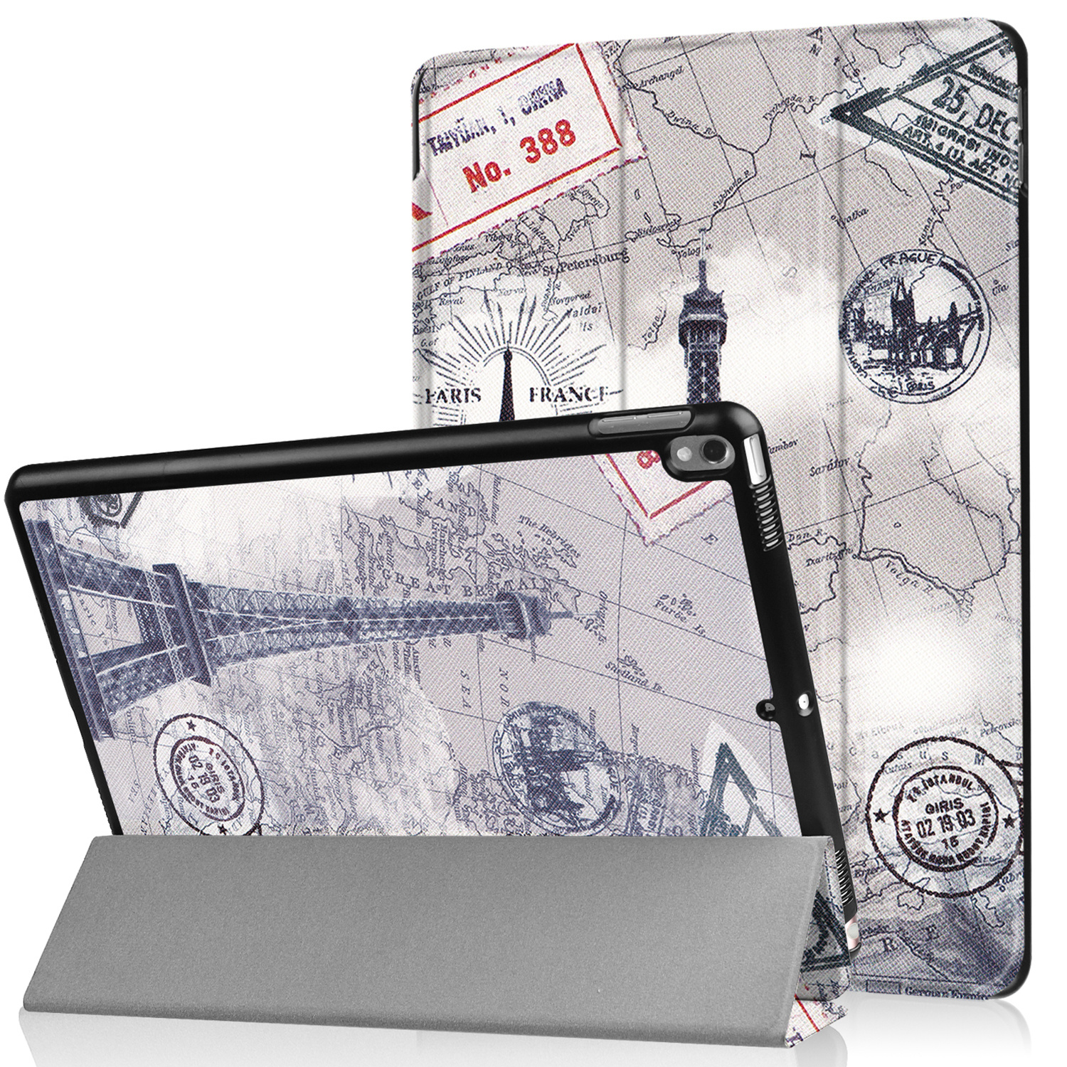 Tablet case with a world map design. The case is in the open position, with a tablet inside.