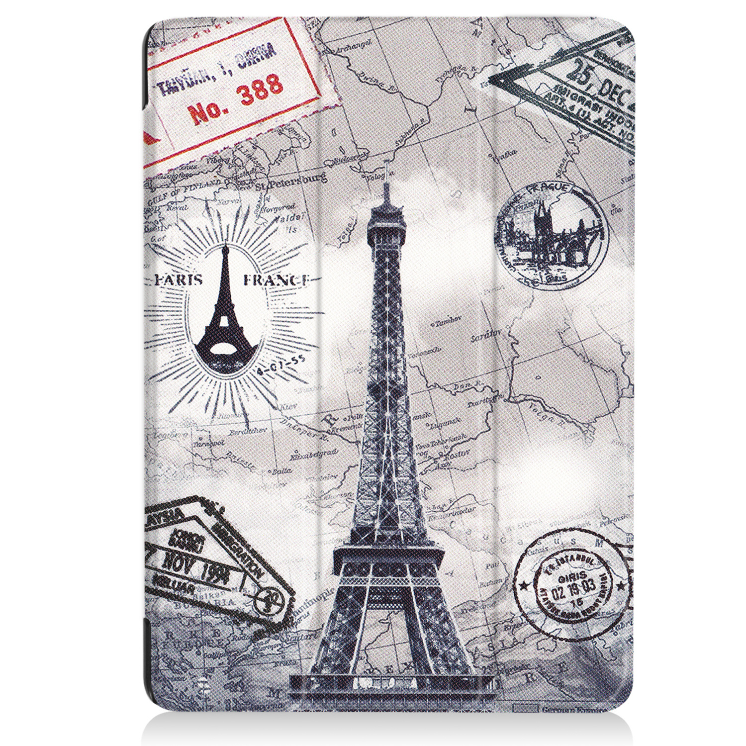 A phone case with the Eiffel Tower and stamps on it.