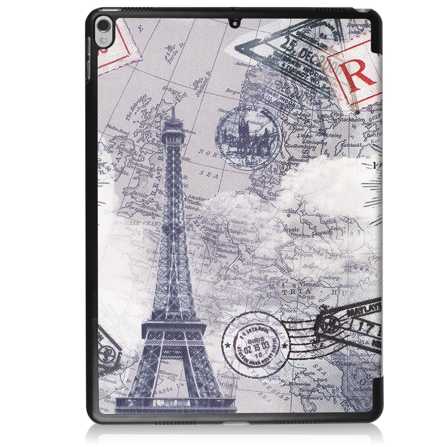 Tablet case with Eiffel Tower and map.