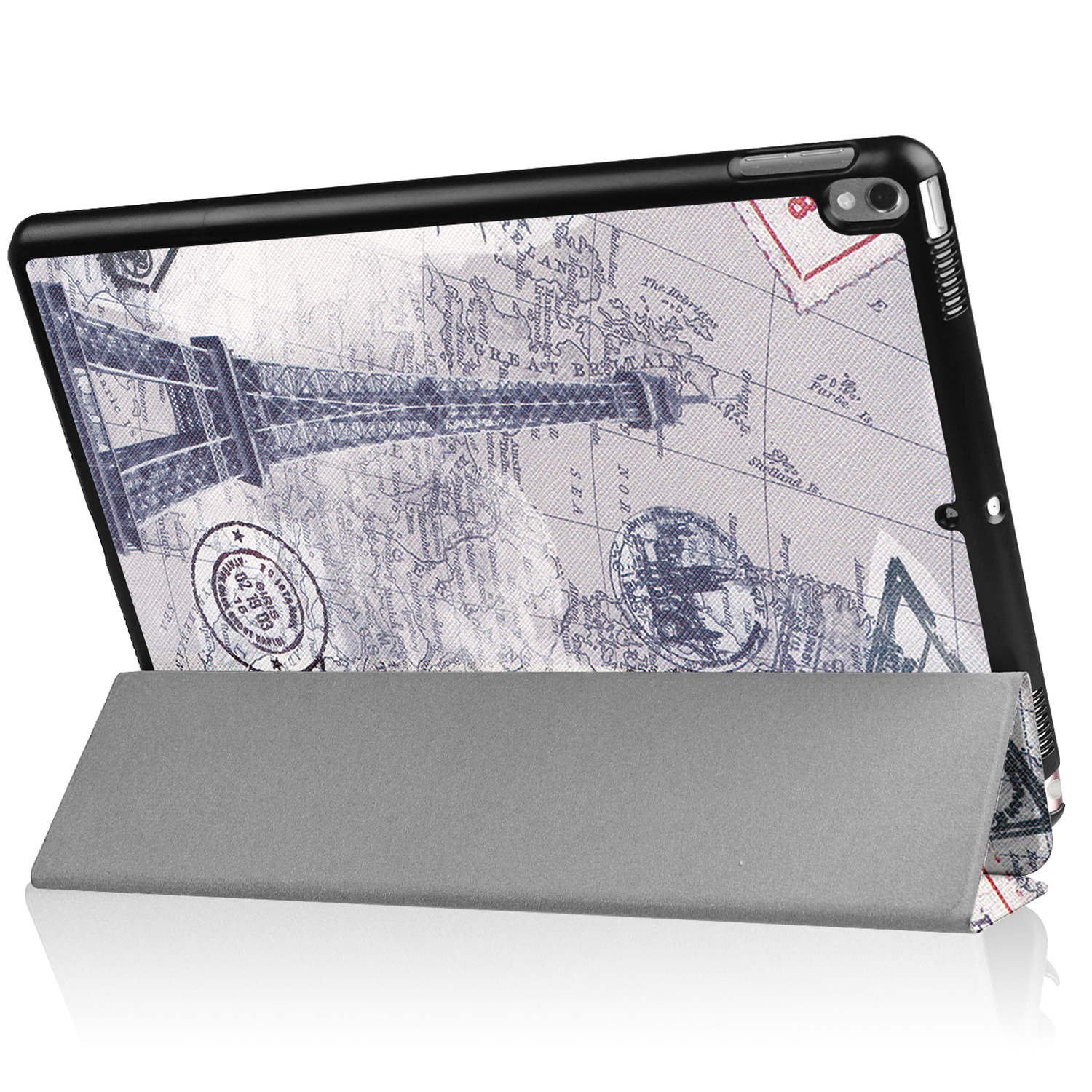 Tablet case with a map design, with the Eiffel Tower and other stamps on the cover. Gray stand.