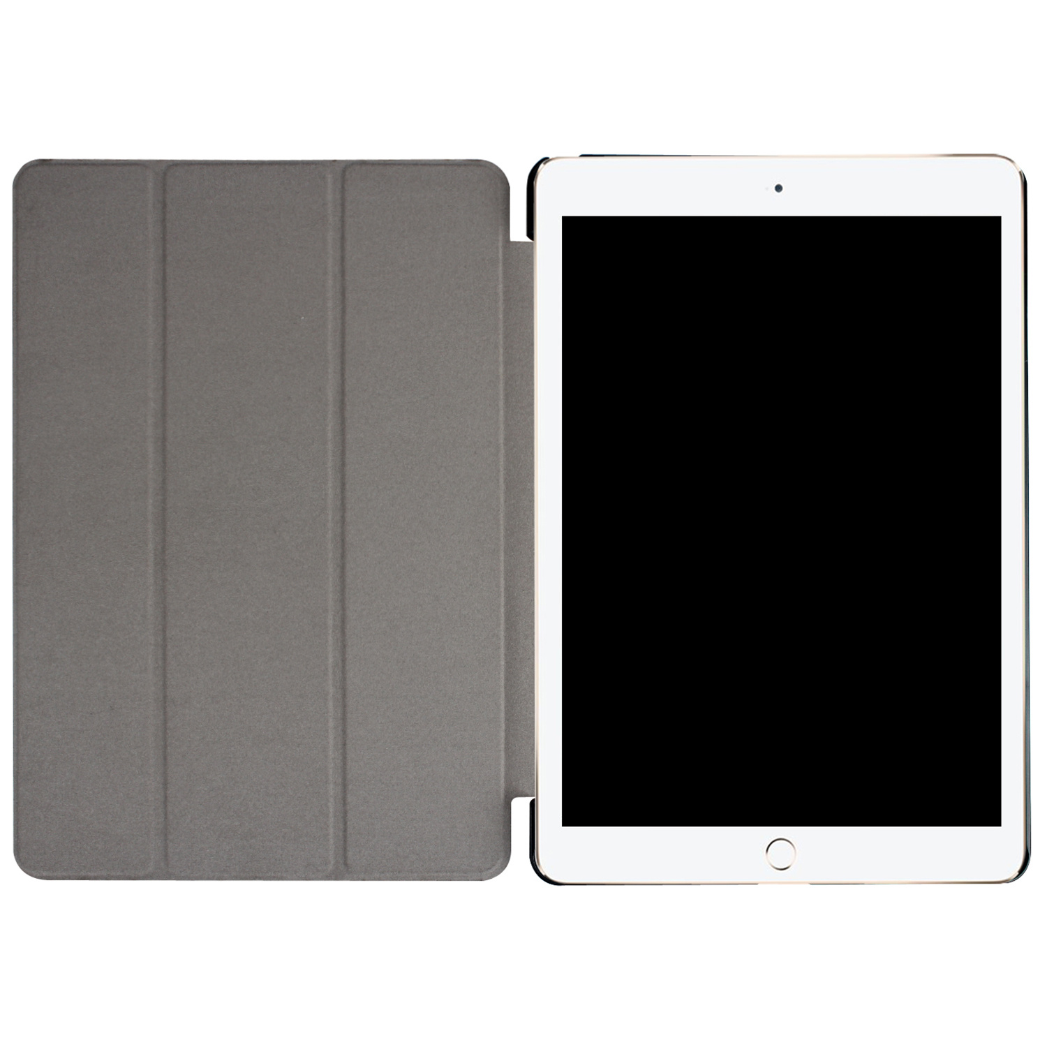 Grey tablet case, open. Tablet is inside, screen is black.