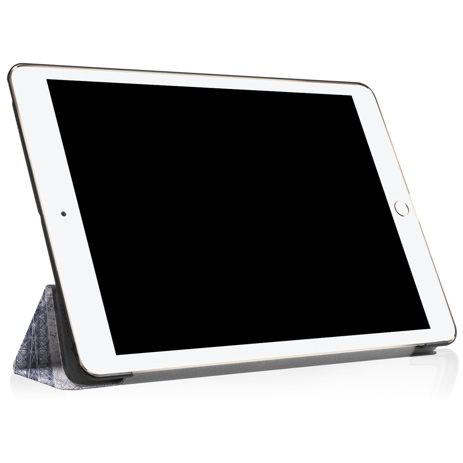 A tablet in a case. The tablet is white with a black border. The case has a patterned cover.