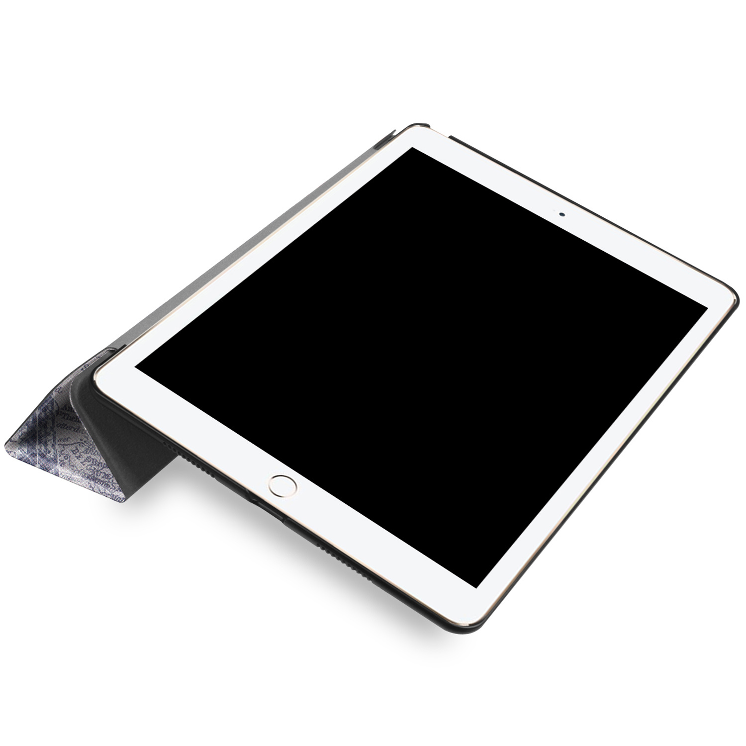 Tablet in black cover, angled view. White screen visible.