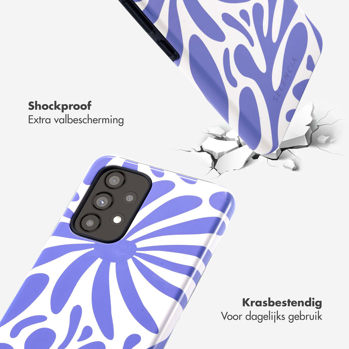 Coque de téléphone avec motif blanc et violet. Texte : Antichoc. Texte : Résistant aux rayures. L'étui tombe et se fissure.