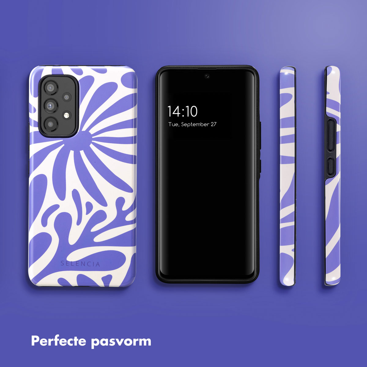 Trois vues d'un téléphone, avec un étui à motifs floraux et un écran noir.