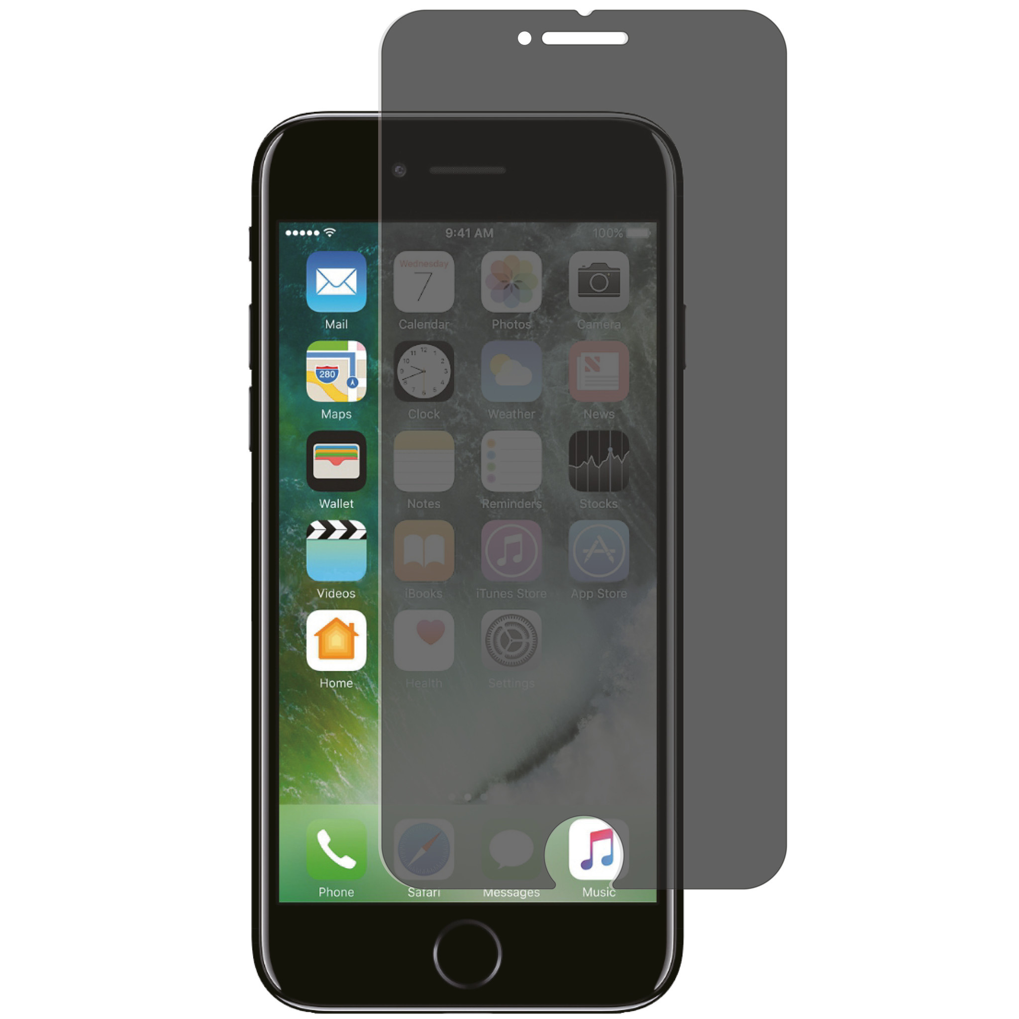Téléphone avec protecteur d'écran. Affiche l'écran du téléphone avec des icônes d'applications. Le protecteur est teinté.