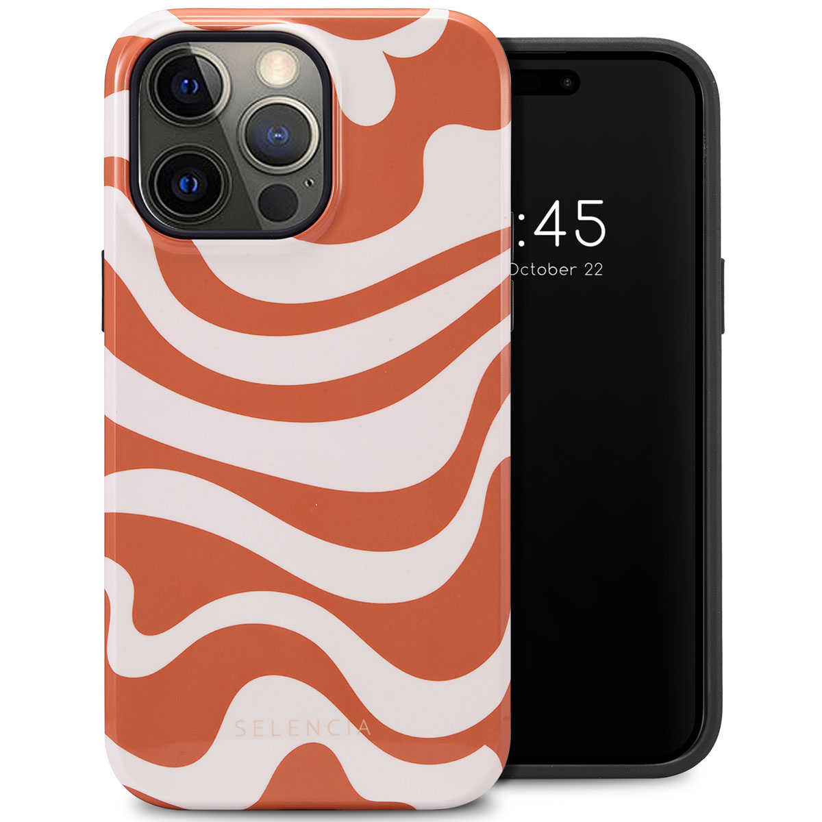 Oranje en witte werveldesign telefoonhoesje op een zwarte telefoon. De telefoon toont de tijd, 22 oktober.