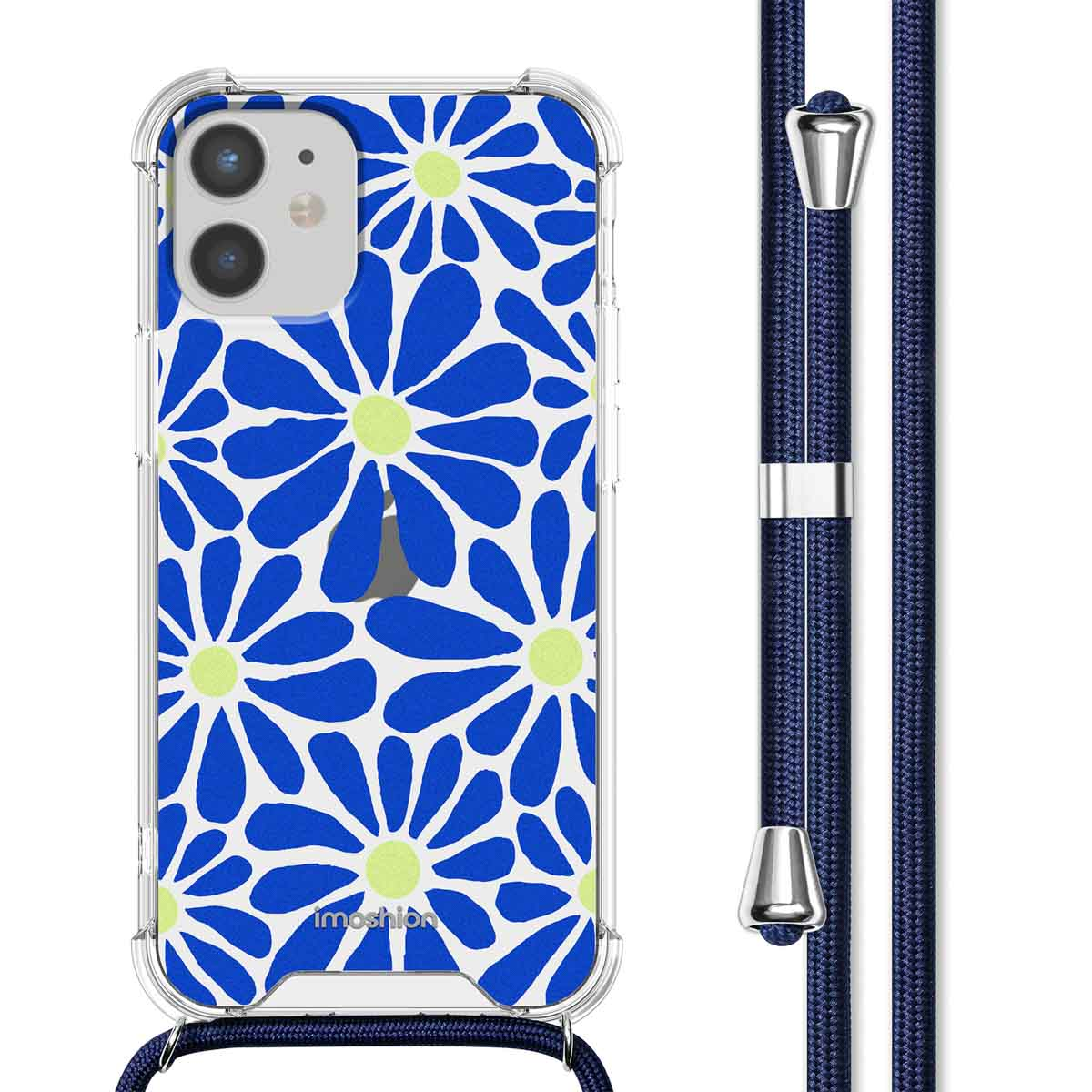 Transparante telefoonhoes met blauw bloemenpatroon en een marineblauwe koord. Witte achtergrond.