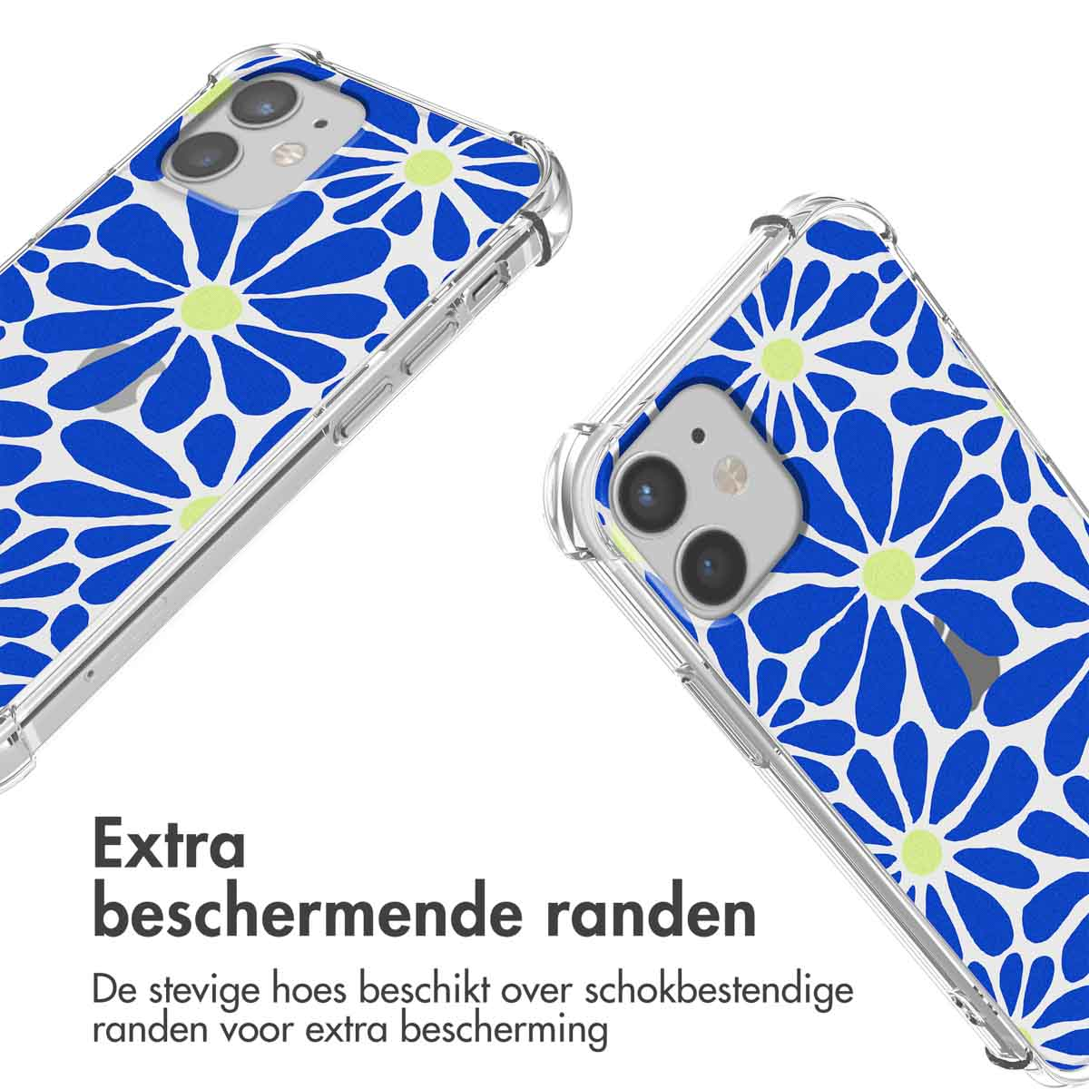 Twee transparante telefoonhoesjes met blauw-witte bloempatronen. Elk heeft een telefoon erin.