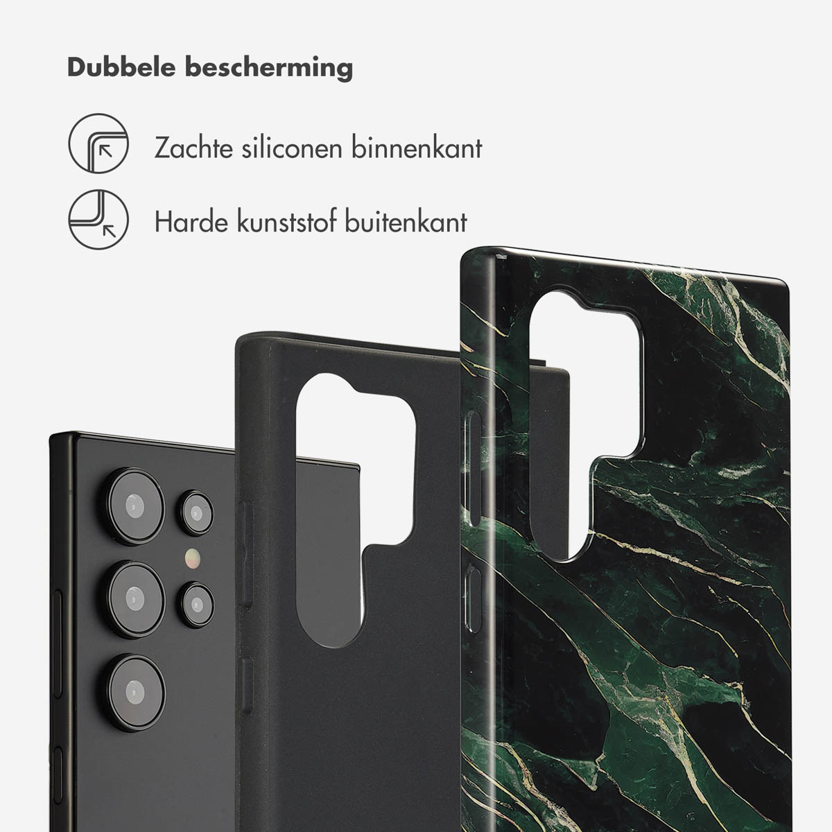 Close-up van telefoonhoesjes. Eén zwart, één groen marmer, één zwarte telefoon.