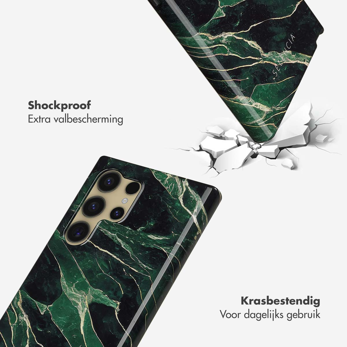 Telefoonhoesje in groen marmer design. Schokbestendig en krasbestendig, beschermt tegen vallen.