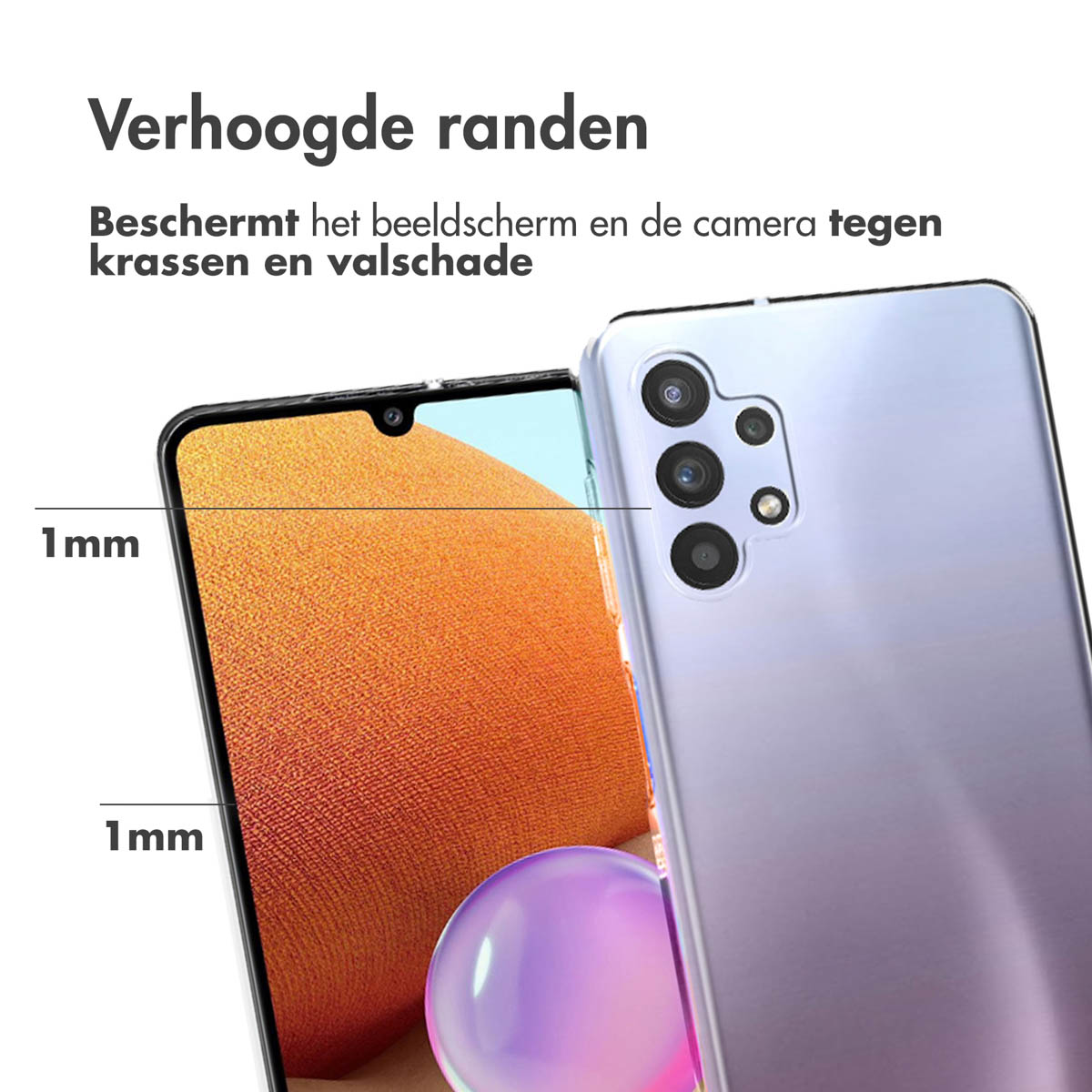 Telefoonhoesje dat het scherm beschermt. De hoes is paars en bedekt de randen. De telefoon is oranje.