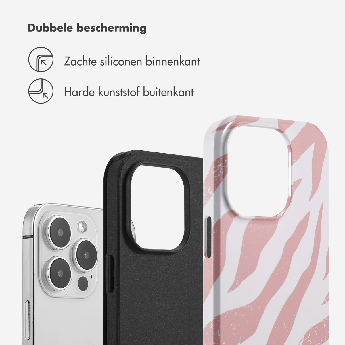 Coques de téléphone dans l'image. La coque montre un imprimé zébré rose. Texte : 'Double protection'.
