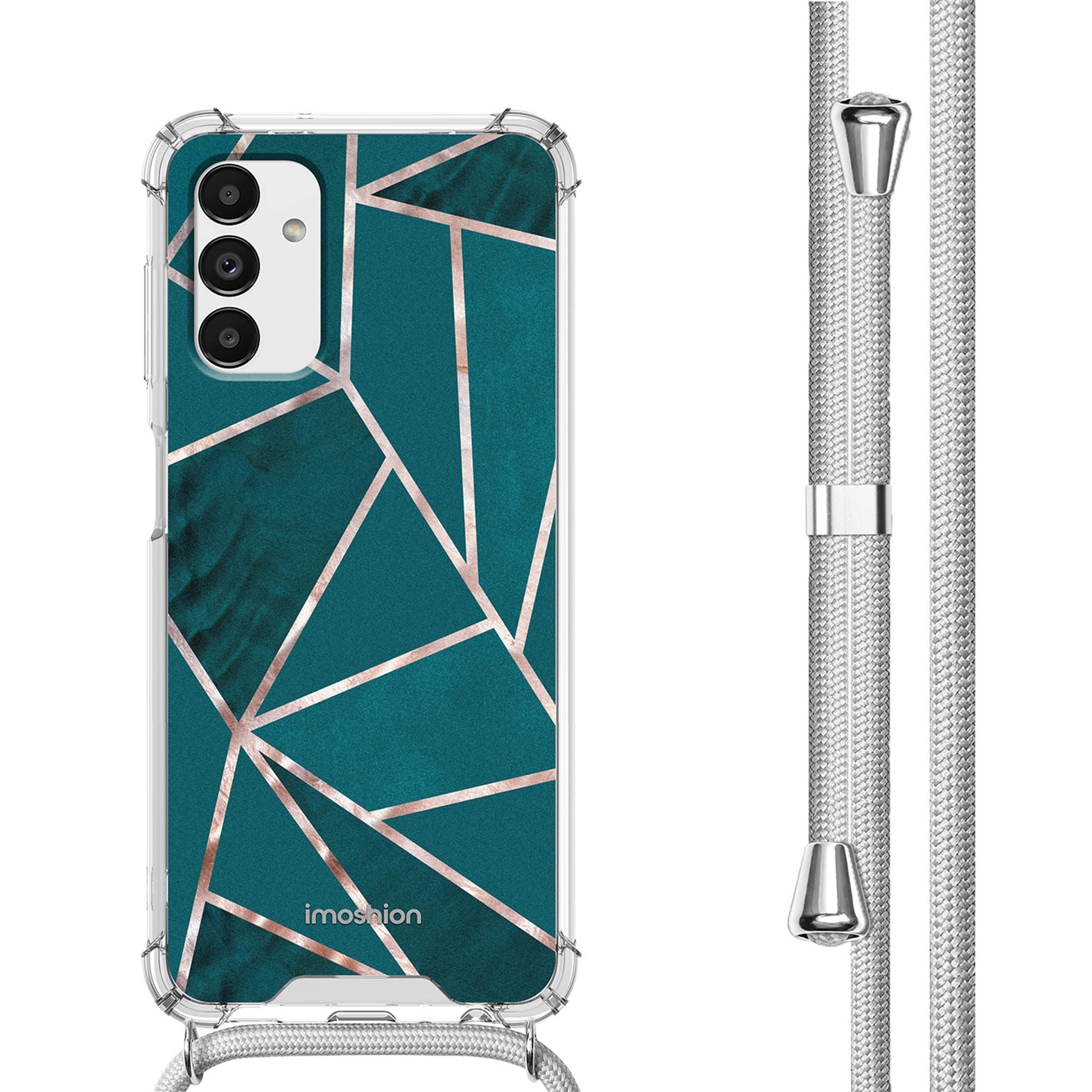 Coque de téléphone avec un design géométrique, un cordon argenté et le téléphone.
