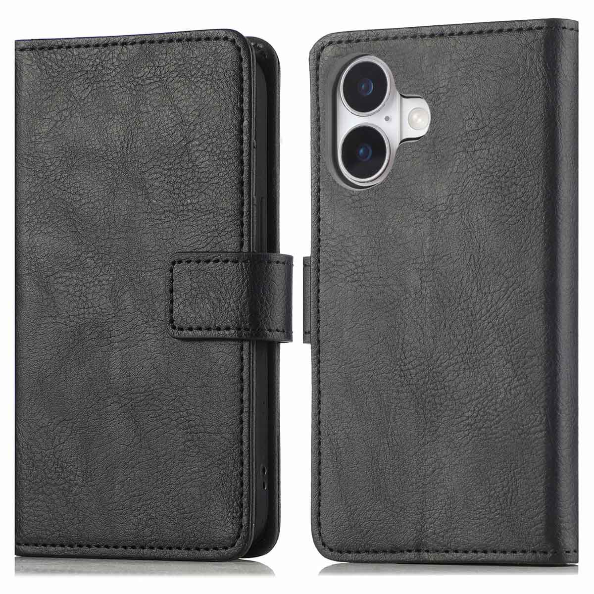 Étui de téléphone en cuir noir, fermé et ouvert, avec fermeture à bouton. Fond blanc.